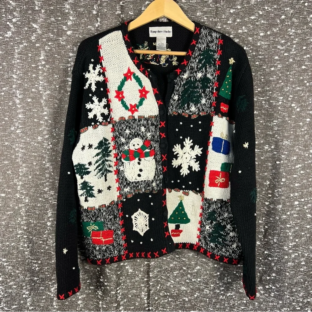 Hampshire Studio Black and White Cardigan Christmas‎ Sweater